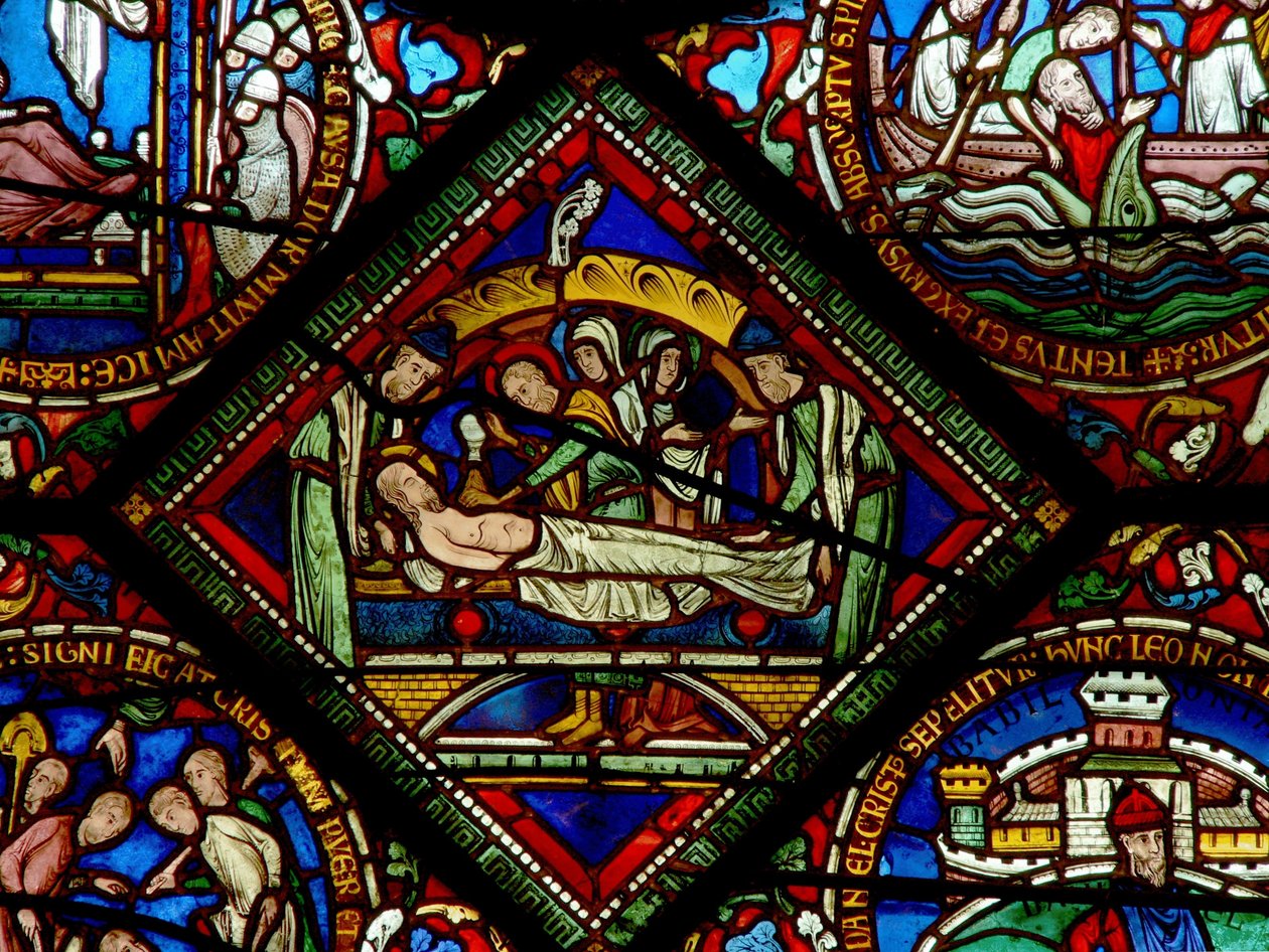 Detalhe da janela leste da Capela da Trindade, representando o Entombment de English School