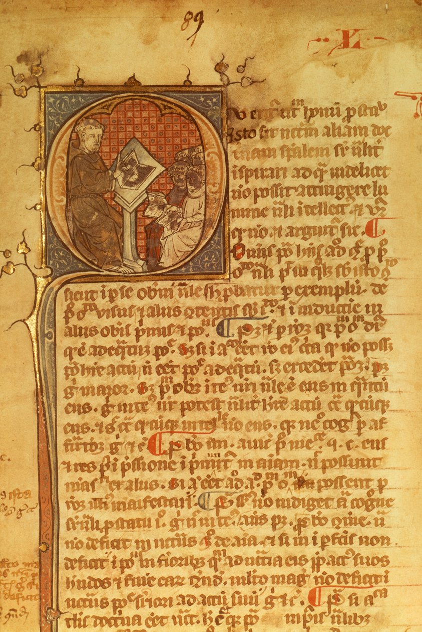Detalhe de uma carta ornamental em um manuscrito do século XIV. Duns Scotus ensinando seus alunos de English School