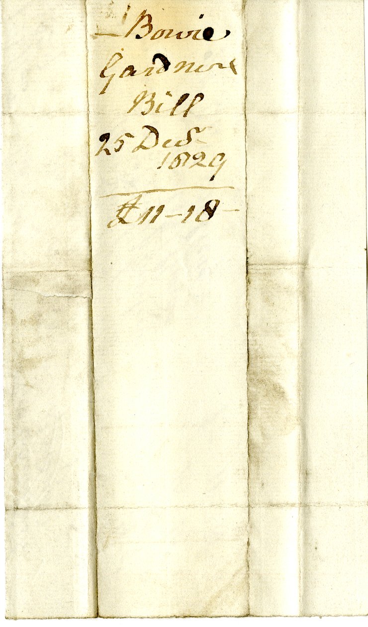 Devonshire MSS AS 3101, fólio de um maço de notas liquidadas por Pinder Simpson para Lord George Cavendish, incluindo a nota de Alexander Bowie de English School