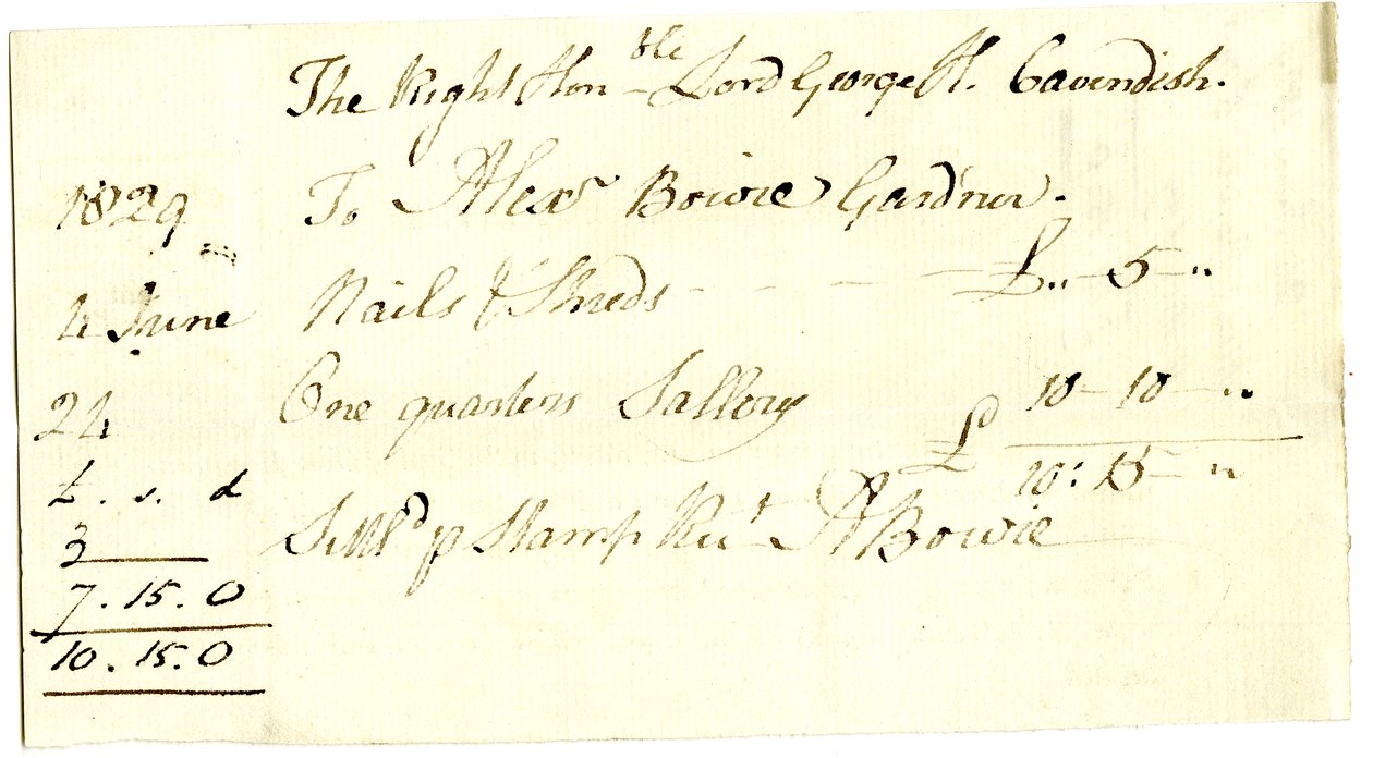 Devonshire MSS AS 3101, fólio de um maço de notas liquidadas por Pinder Simpson para Lord George Cavendish, incluindo a nota de Alexander Bowie de English School