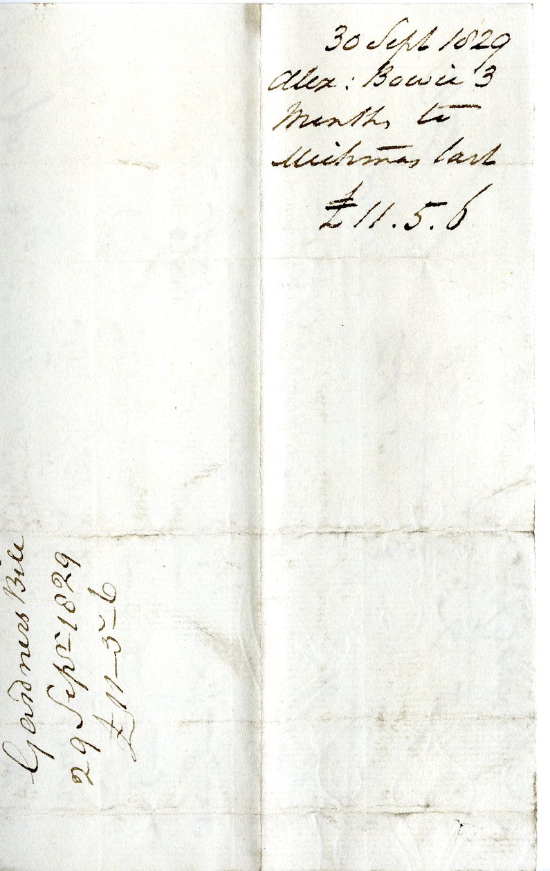 Devonshire MSS AS 3101, fólio de um maço de notas liquidadas por Pinder Simpson para Lord George Cavendish, incluindo a nota de Alexander Bowie de English School