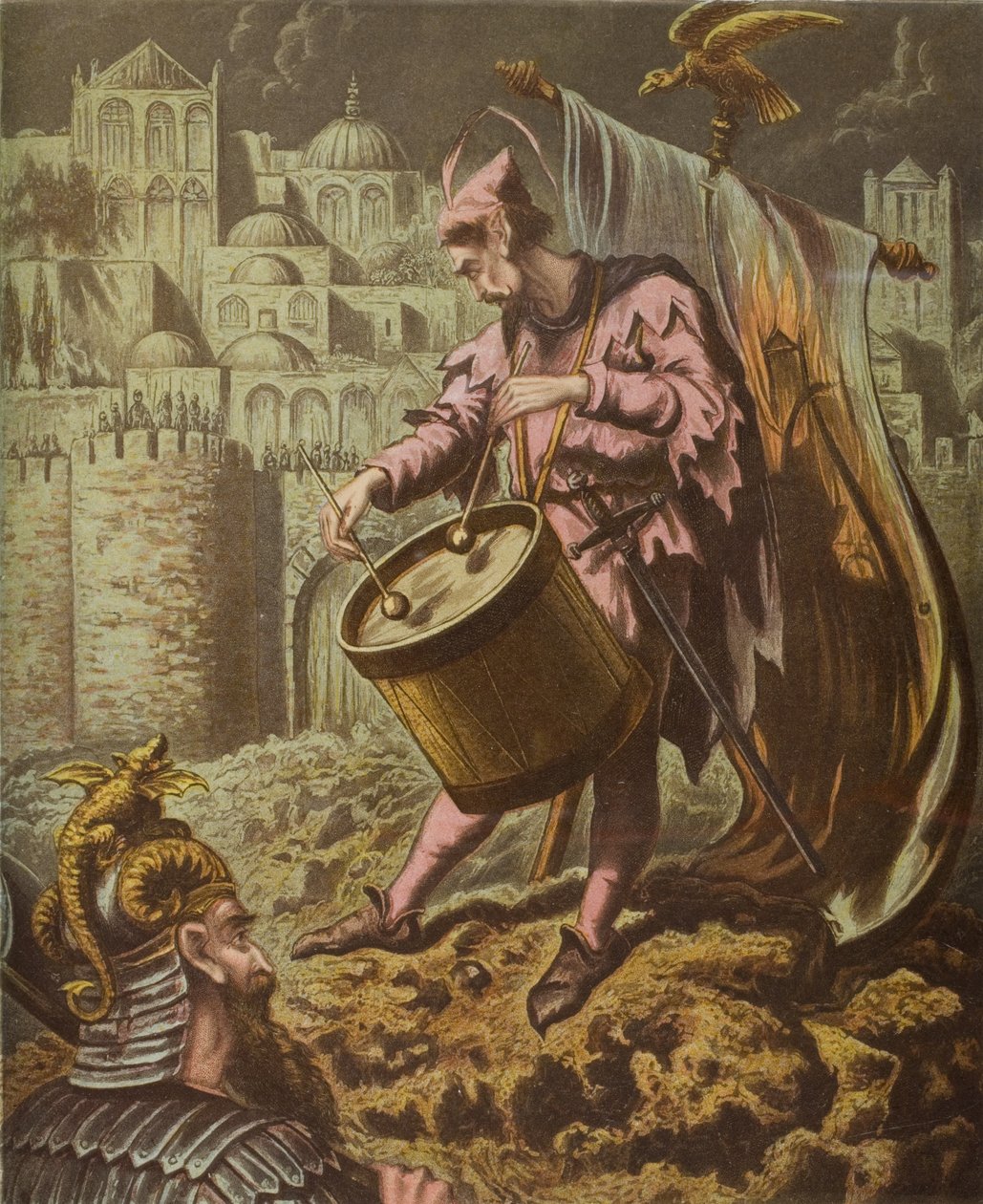 Baterista de Diabolus diante dos muros de Mansoul, ilustração de &39;The Holy War&39; de John Bunyan (1628-88) de English School