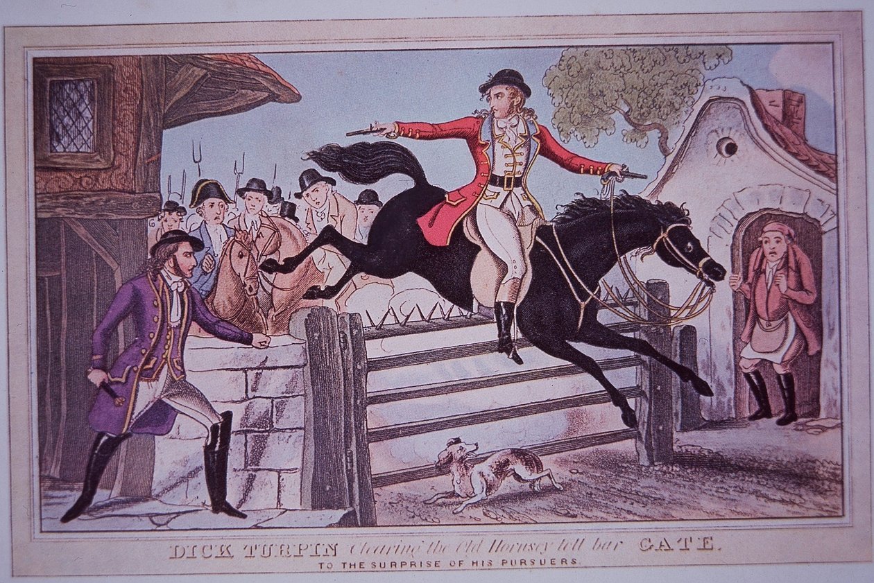 Dick Turpin saltando Hornsey porta de pedágio em seu cavalo Black Bess (gravação colorida) de English School