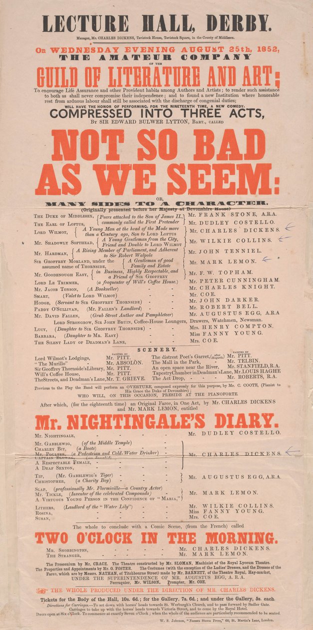 Playbill Dickens: Não é tão ruim como nós parecemos no Lecture Hall, Derby, programa para 25 de agosto de 1852 de English School