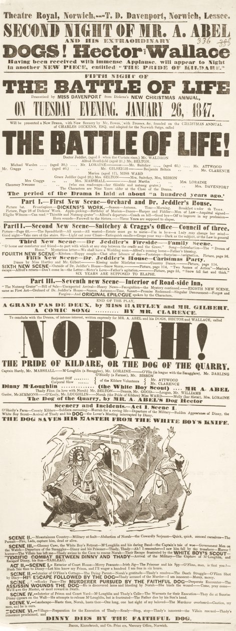 Dickens playbill: A Batalha da Vida, no Theatre Royal, Norwich, 26 de janeiro de 1847 de English School