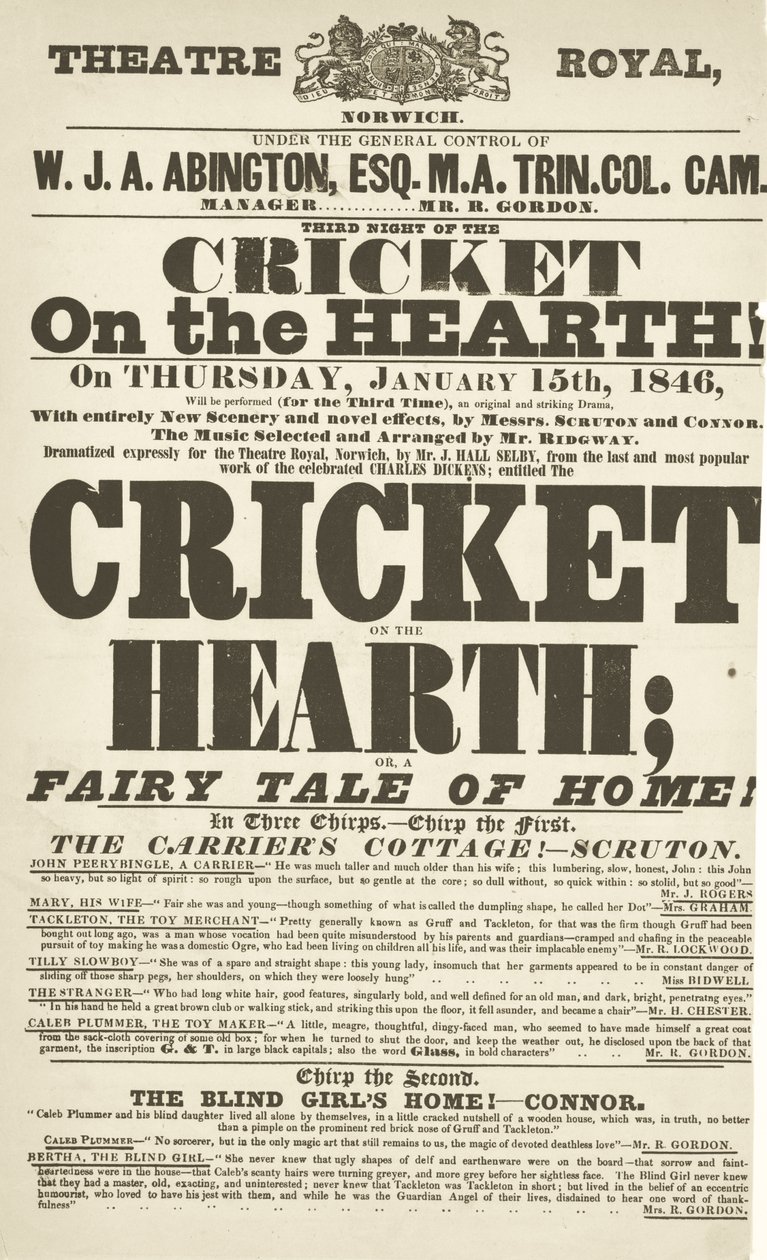 Dickens playbill: The Cricket no Hearth no Theatre Royal, Derby, 15 de janeiro de 1846 de English School
