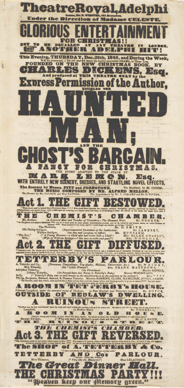 Dickens playbill: O Homem Assombrado, no Teatro Adelphi Royal, 28 de dezembro de 1848 de English School