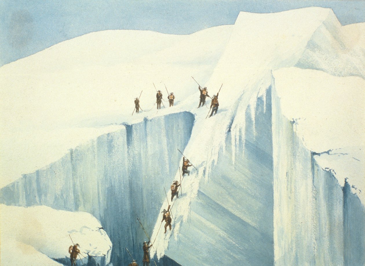Passagem difícil de uma fenda, de uma narrativa de uma ascensão à cimeira de Mont Blanc por Charles Fellows (1799-1860), publicada 1827 de English School