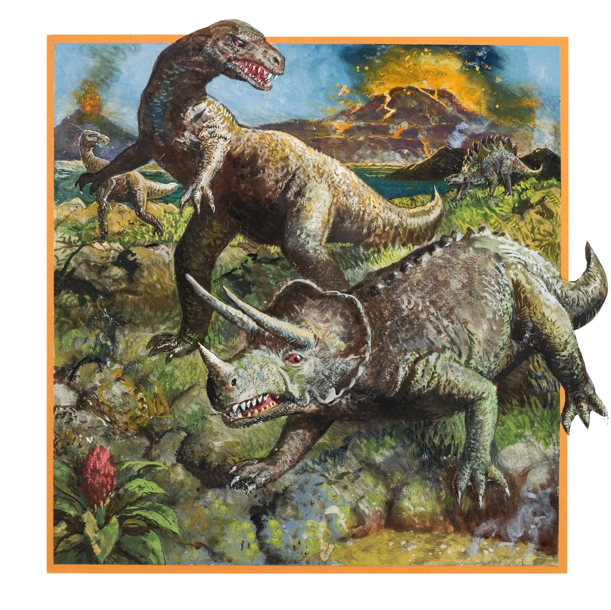Dinossauros com vulcão (guache sobre papel) de English School