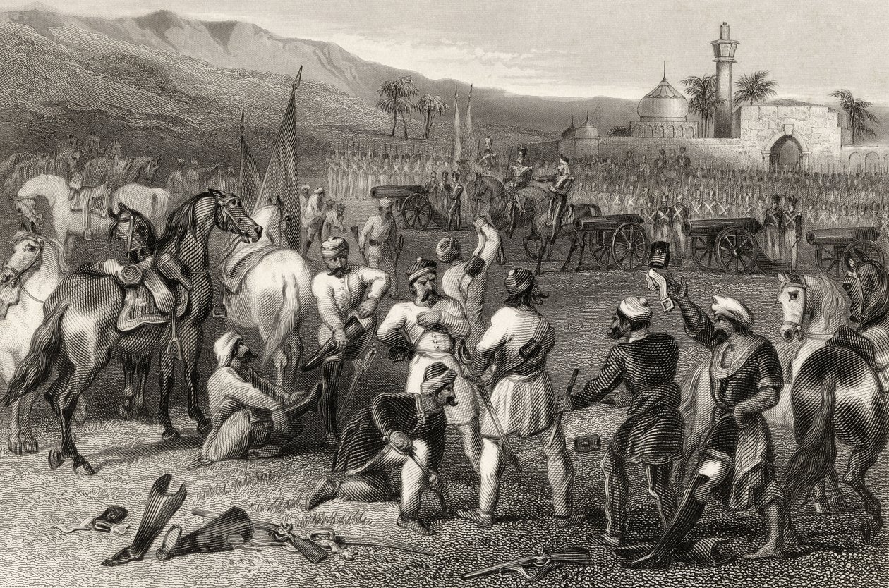 Desarmando a 11ª Cavalaria Irregular em Berhampore em 1857, de "A História do Motim Indiano", publicada em 1858 de English School