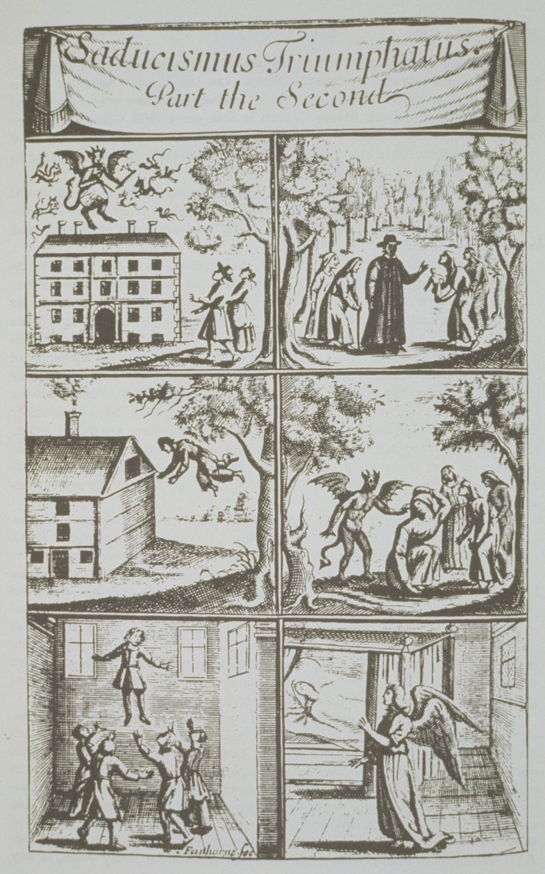 Diversas Manifestações do Diabo, cópia de uma ilustração do Sadducismus Triumphatus Part II, de Joseph Glanvil, Londres, 1681, usado em uma História da Magia, publicado no final do século XIX de English School
