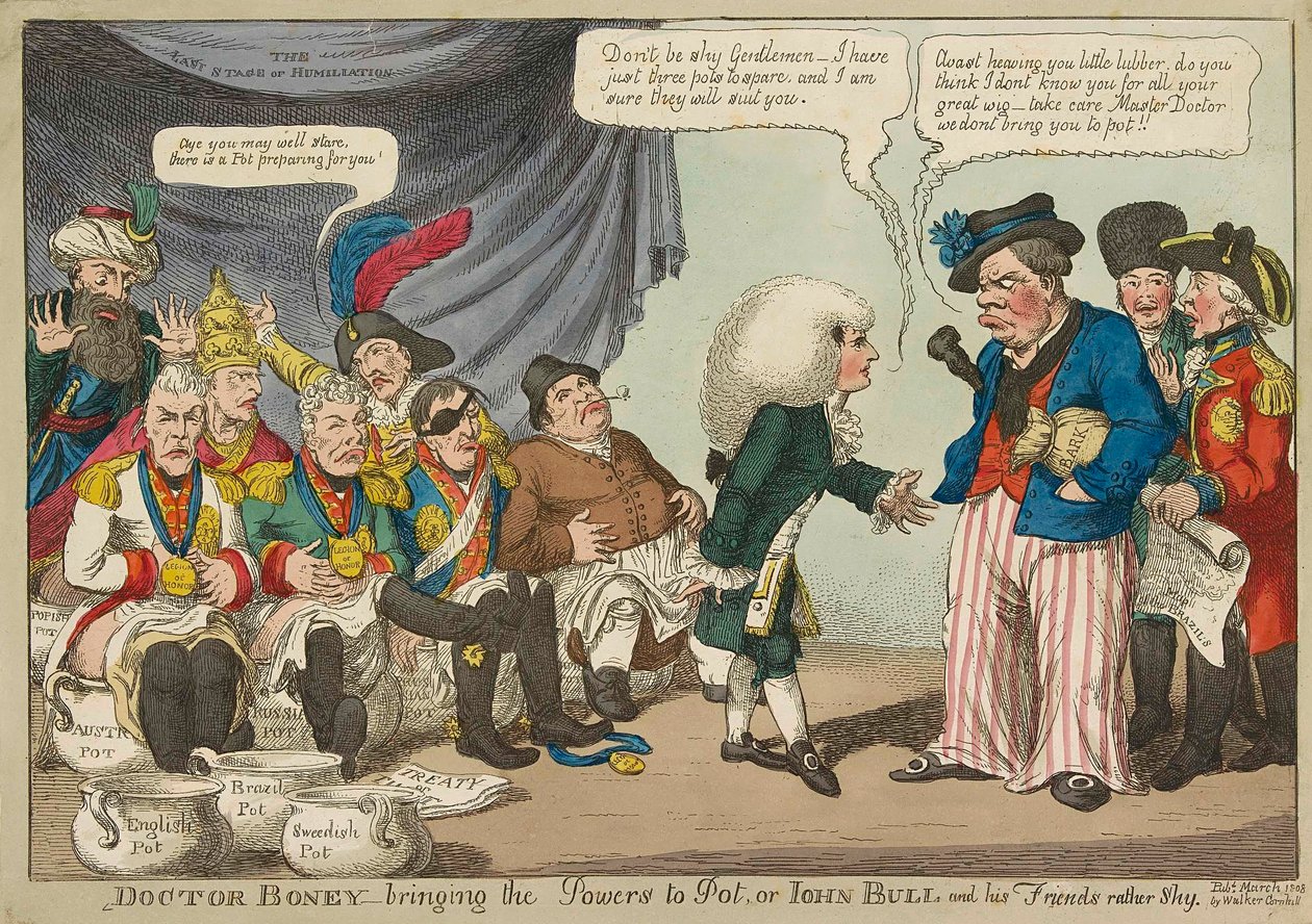 Doutor Boney_trazendo os poderes ao pote..., gravura colorida à mão de 1808. de English School