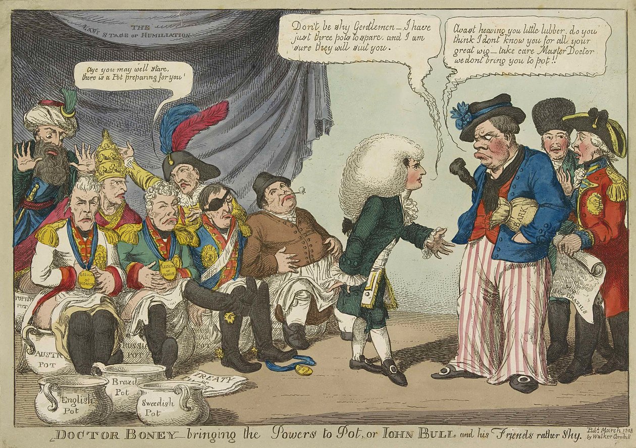 Doctor Boney_bringinging the Powers to Pot, ou John Bull e seus amigos bastante tímidos, pub. 1808 (gravura colorida à mão) de English School