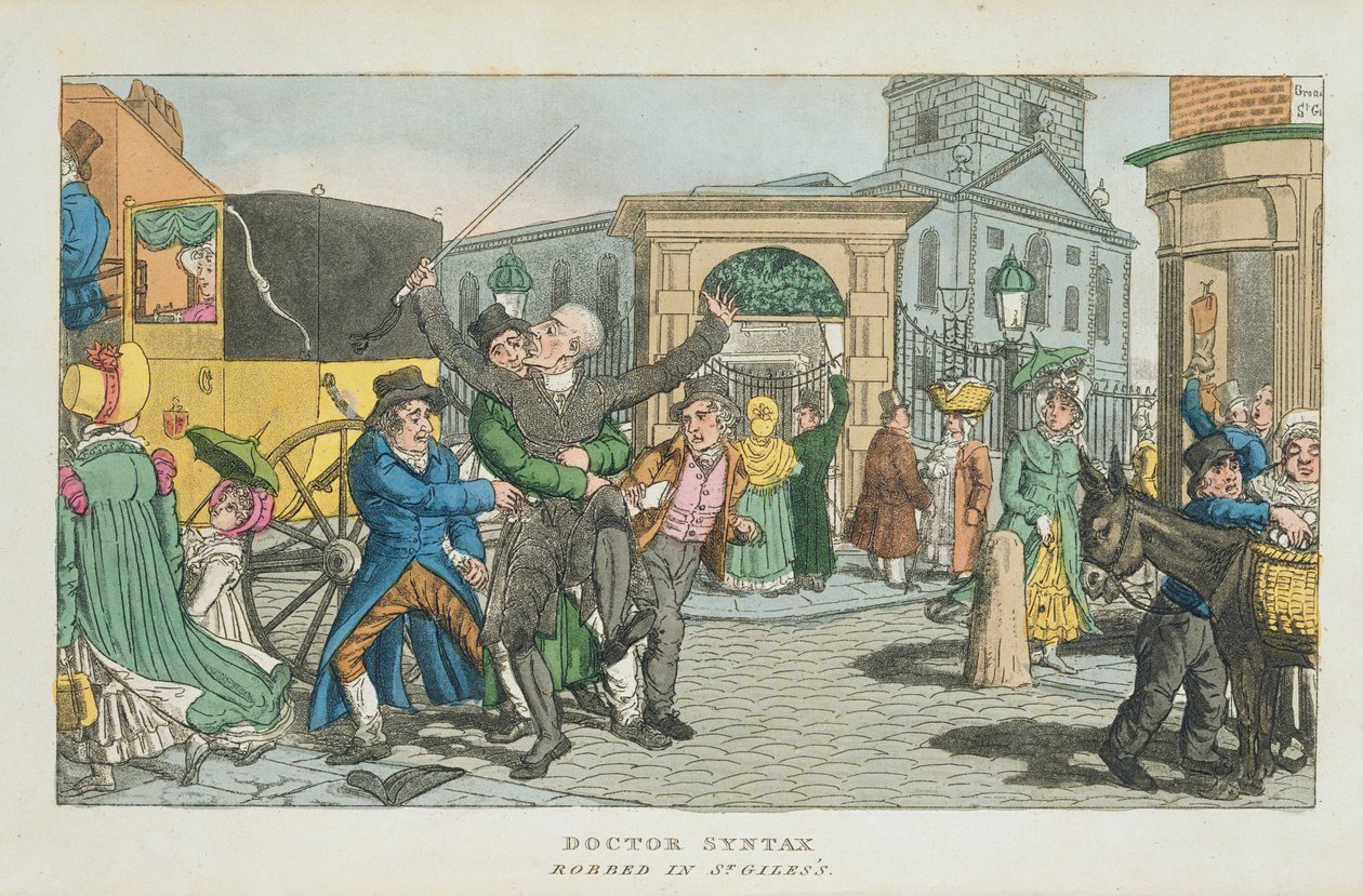 Doutor Syntax assaltado em St. Giless, da Tour the Doctor Syntax até Londres, ou os Prazeres e Misérias da Metrópole. Um poema, publicado em 1820 (aquatinta) de English School
