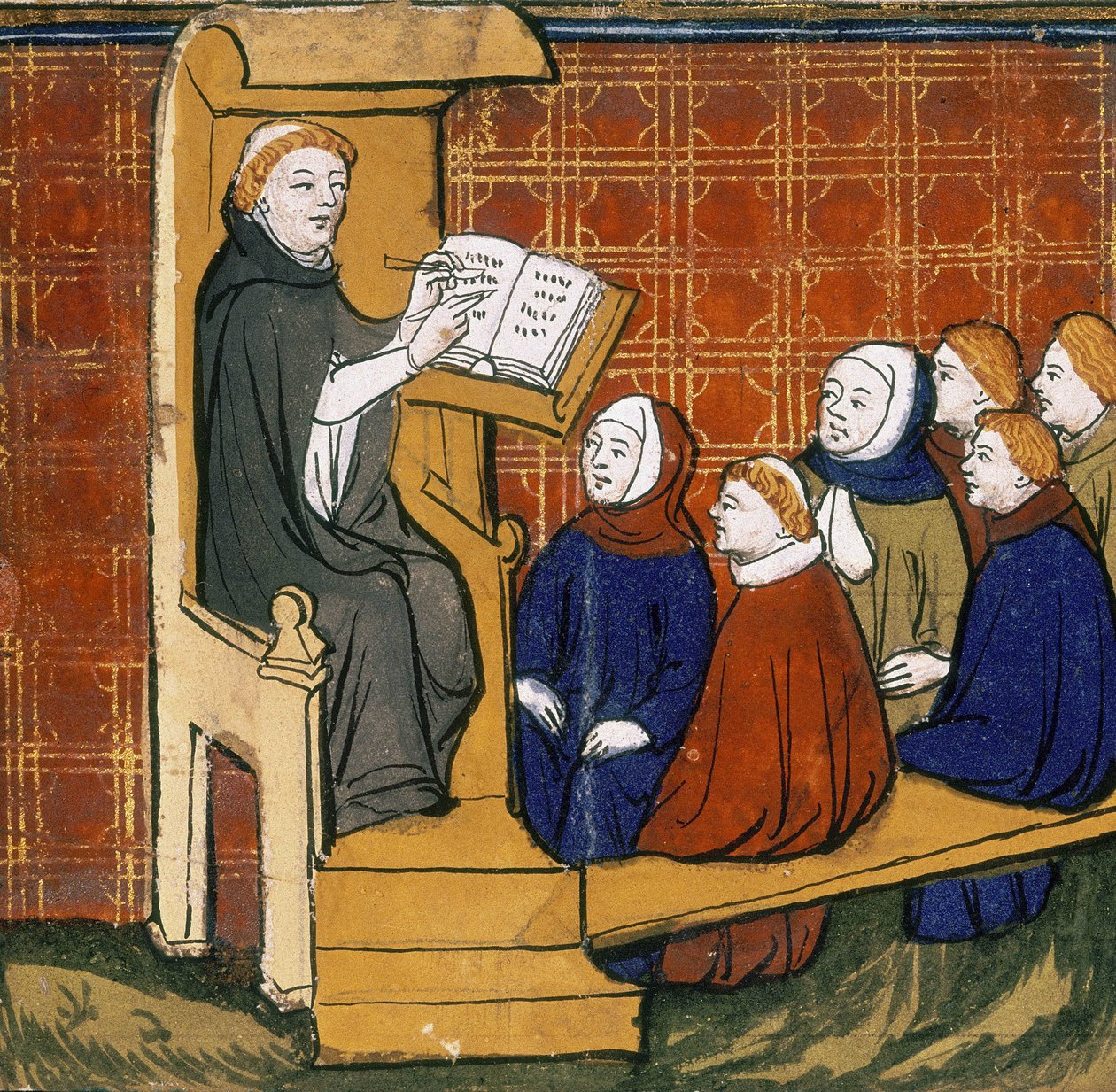 Professor dominicano, sentado com um livro colocado numa tribuna, com os alunos sentados no chão à sua frente. "Livre des Proprietez des Choses", início do século XV. de English School