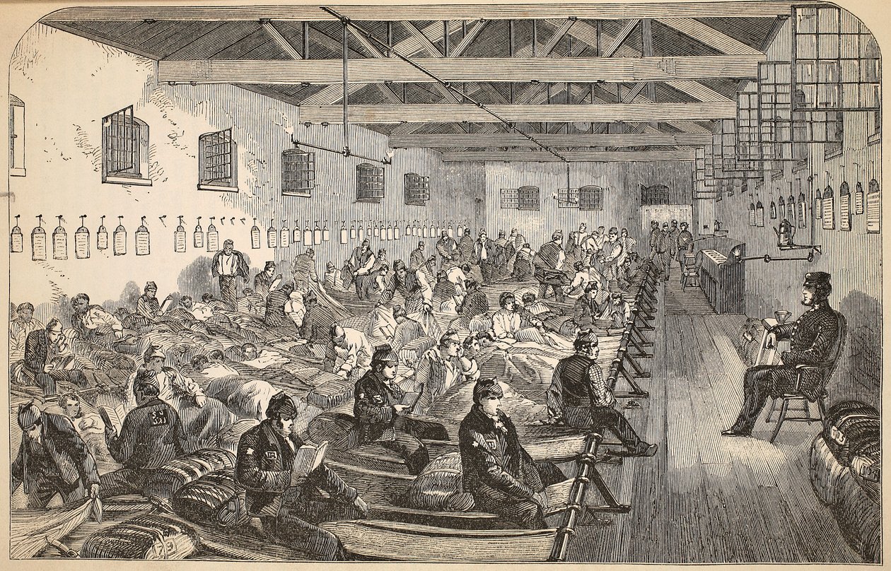 Dormitório na prisão dos campos de Coldbath, ilustração das prisões criminosas de Londres e cenas da vida da prisão por Henry Mayhew e por John Binny, bar. 1862 de English School