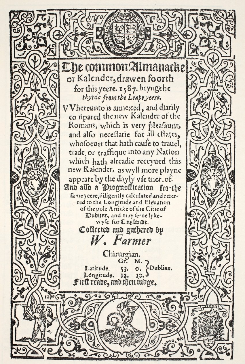 Double Almanack (comum e novo) e Prognostication for Dublin for 1587, por W. Farmer, impresso por Watkins e Roberts, 1587 de English School