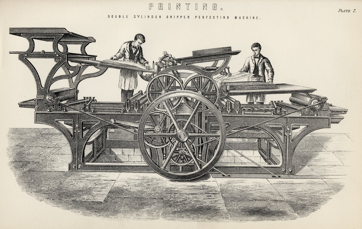 Máquina de aperfeiçoamento de garras de cilindro duplo, da The National Encyclopaedia, publicada por William Mackenzie, Londres, final do século XIX de English School