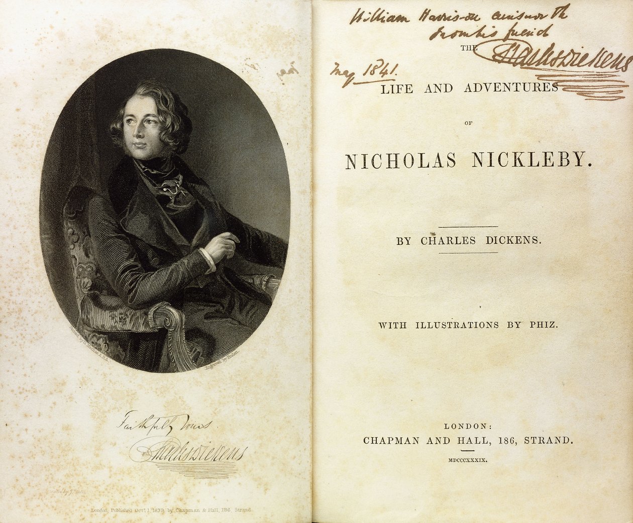 Página dupla espalhada com um retrato de Dickens e uma dedicatória de Dickens a William Harrison Ainsworth de English School