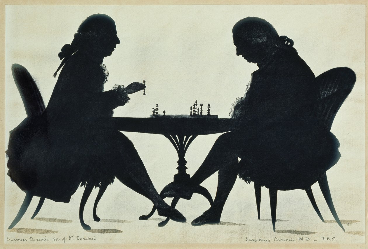 Dr. E. Darwin joga xadrez com o seu filho, c.1780 (aguarela sobre papel) de English School