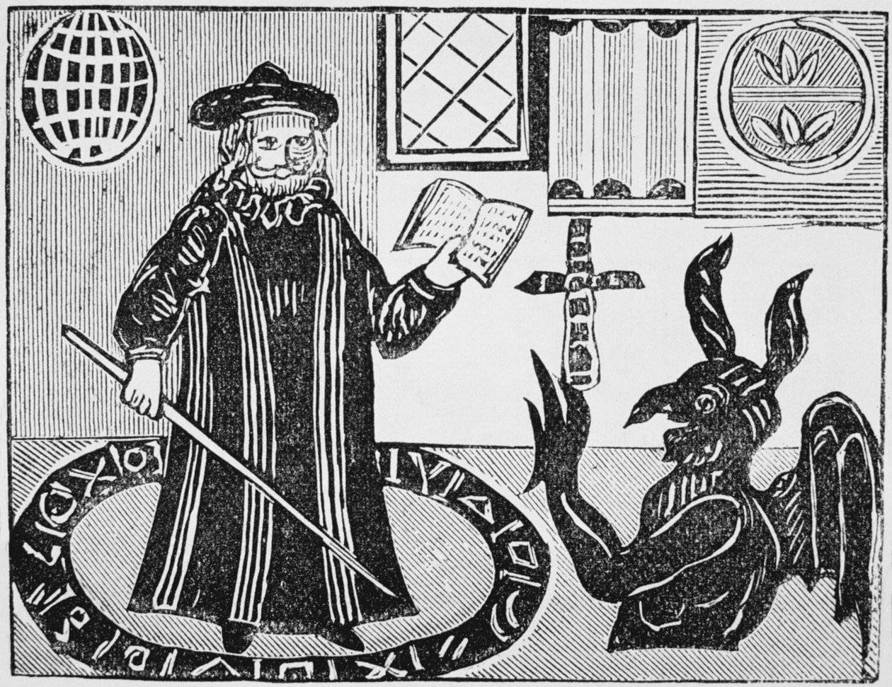 Dr. Faustus em um Círculo Mágico, frontispício da tradução de Gents do Dr. Faustus, publicado em 1648 de English School
