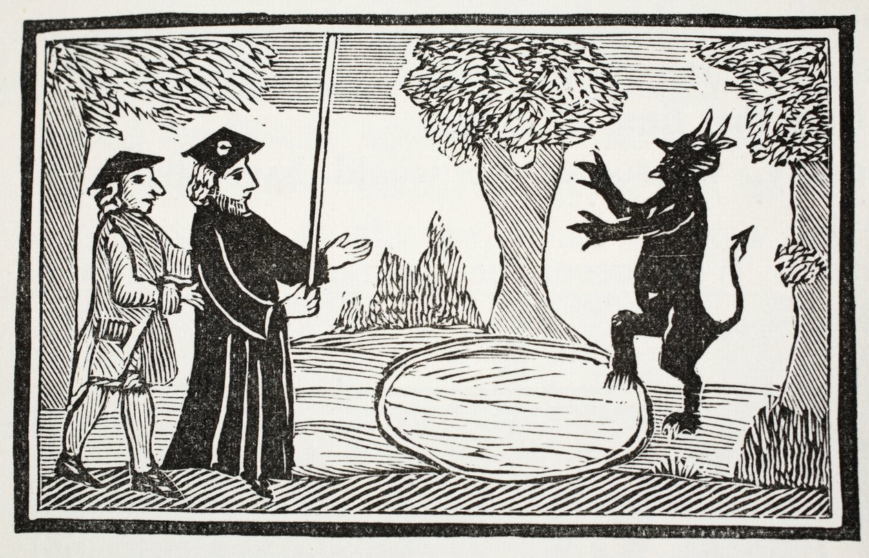 Dr. Fautus levanta o diabo, ilustração de Chap-livros do século XVIII por John Ashton, pub. 1882 de English School