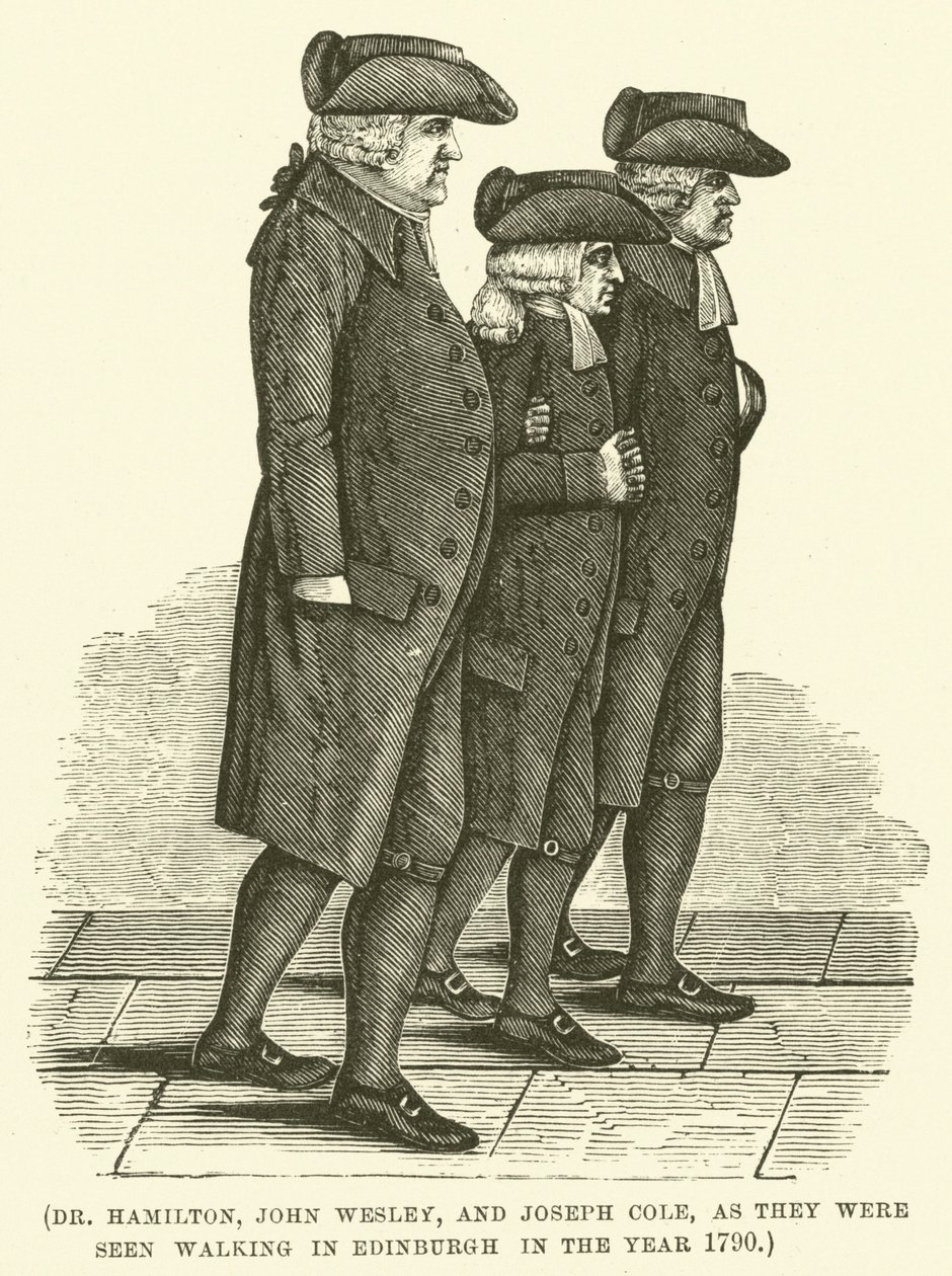 Dr. Hamilton, John Wesley e Joseph Cole, vistos a passear em Edimburgo no ano de 1790 (gravura) de English School