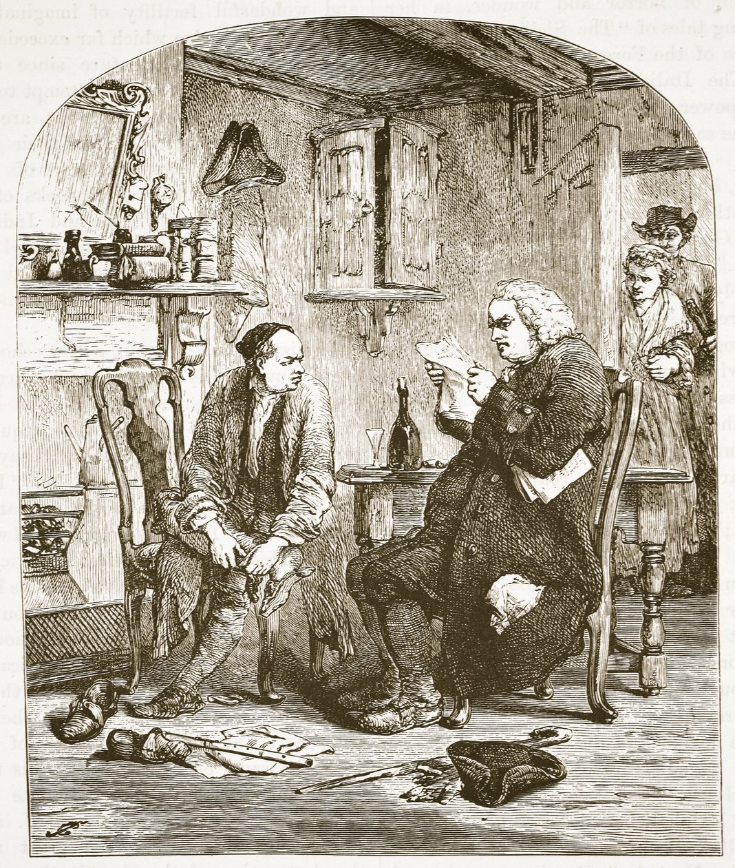 Dr. Johnson lendo o manuscrito do Vigário de Wakefield, ilustração da História Ilustrada de Cassells da Inglaterra (foto em sépia) de English School