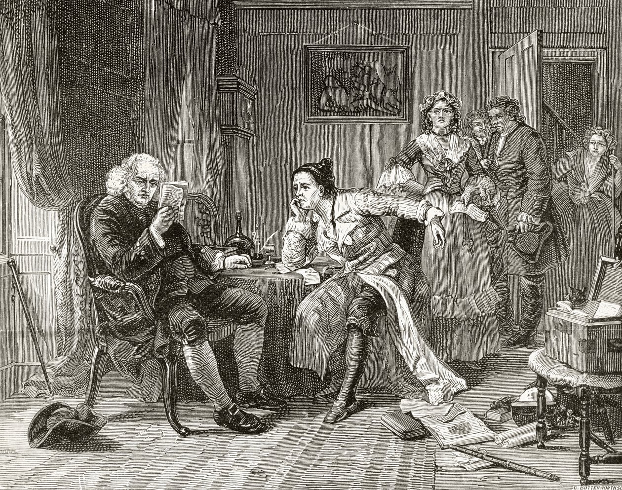 Dr. Samuel Johnson, lendo o manuscrito de &39;The Vicar of Wakefield&39;, de &39;London Pictures: Drawn with Pen and Pencil&39;, do Rev. Richard Lovett, publicado em 1890 (lito) de English School