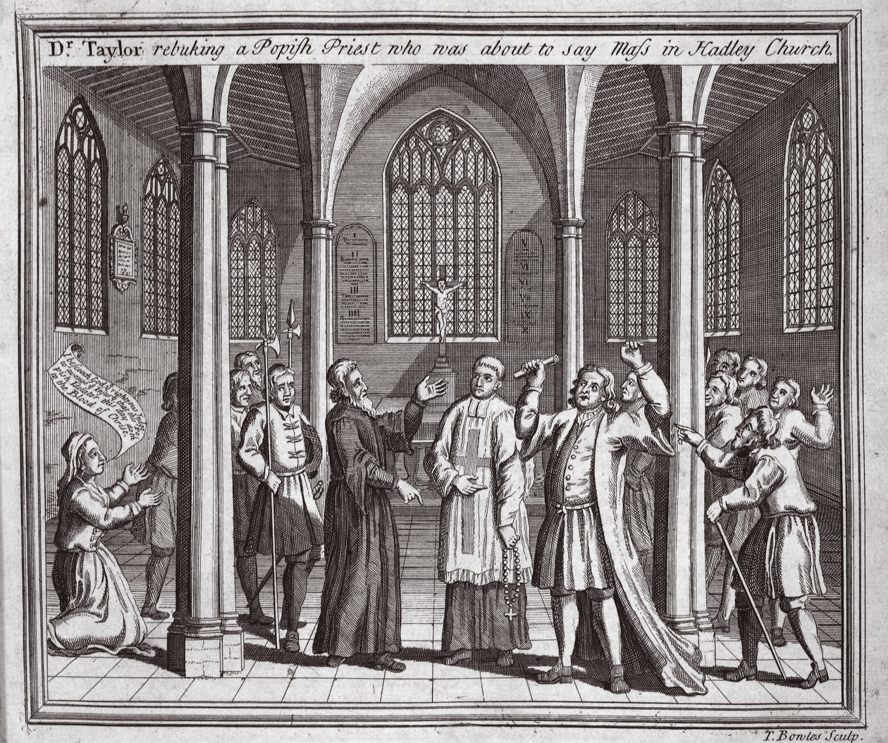 Dr. Taylor repreende um padre papista que estava prestes a dizer missa na Igreja de Hadley, ilustração de Foxes Martyrs c.1703 de English School