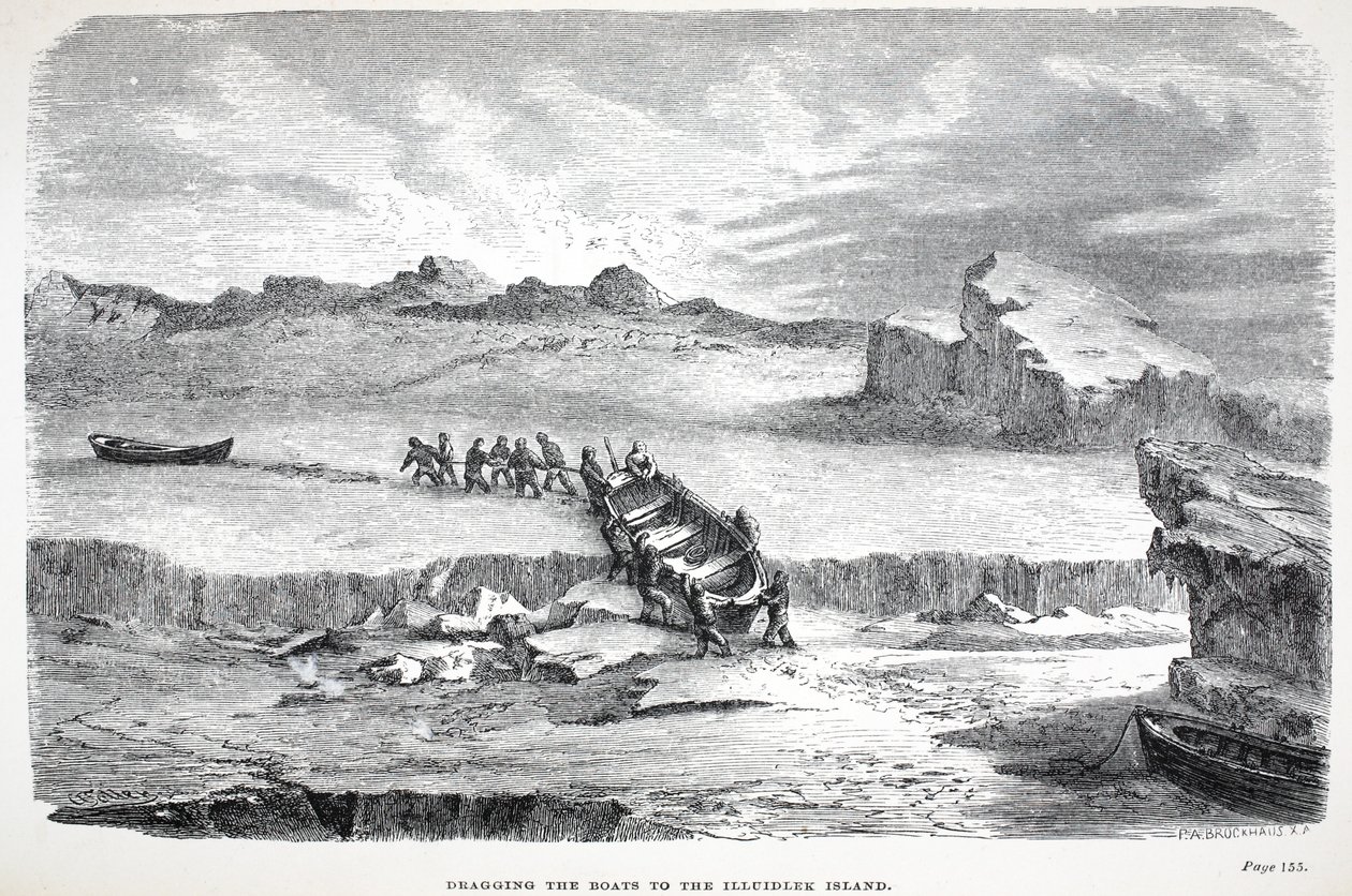 Arrastando os barcos para a Ilha Illuidlek, pub. Londres 1886 de English School