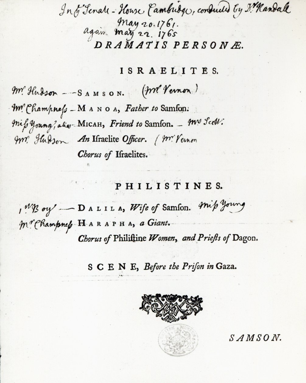 Dramatis Personae para Samson, um Oratório de Handel, publicado em 1759 de English School
