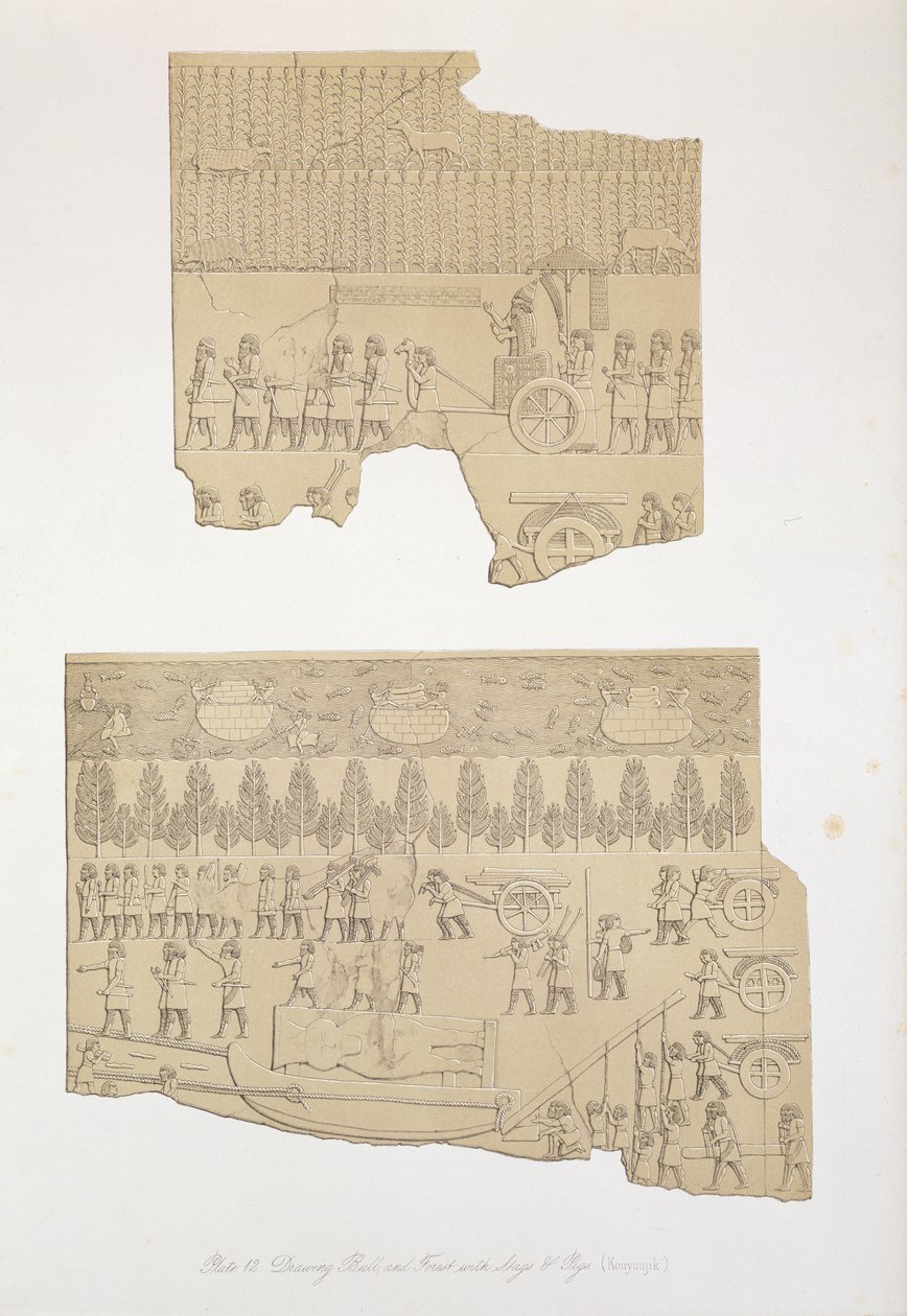 Desenho de touro e floresta com veados e porcos, Koujunjik, placa 12 de Nínive e seus restos mortais por Austen Henry Layard (1817-94) publicado em 1849 de English School