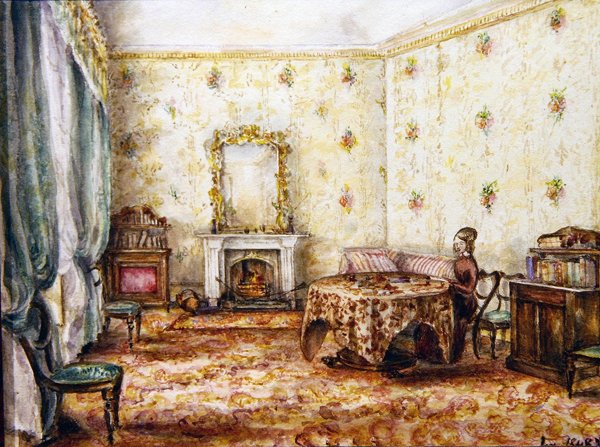 Interior da sala de desenho numa casa de campo, c.1848 (aguarela sobre papel) de English School