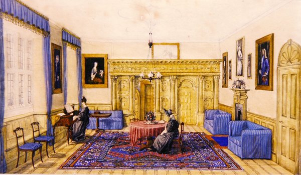 Interior da sala de desenho de uma casa de campo, c.1830 (aguarela sobre papel) de English School