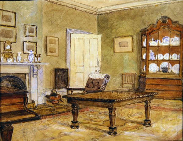 Interior da sala de desenho com colecção de porcelanas, c.1890 (aguarela sobre papel) de English School