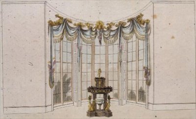 Cortina da janela da sala de desenho e canteiro, placa 101 do Ackermann