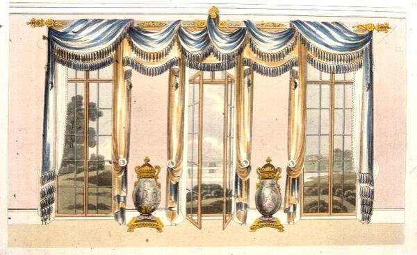 Cortinas da janela da sala de desenho, placa 109 do Ackermann