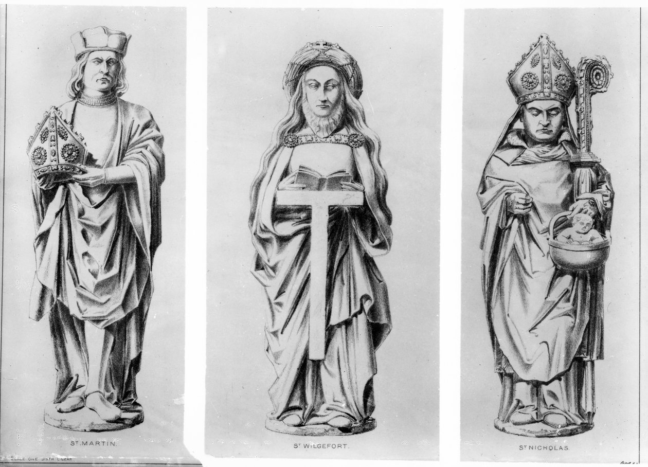 Desenhos de Santos Martin, Wilgefort e Nicolau de suas estátuas na capela de Henrique VII, Abadia de Westminster, de English School