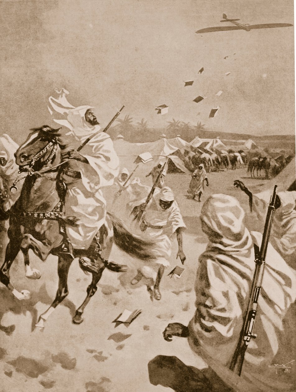 Soltando panfletos sobre os árabes durante a guerra ítalo-turca, 1911-12 de English School