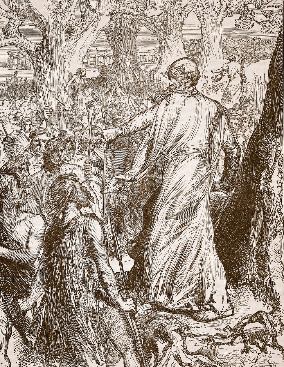 Druidas incitando os bretões a se oporem ao desembarque dos romanos, ilustração de Cassells Illustrated History of England (foto em sépia) de English School