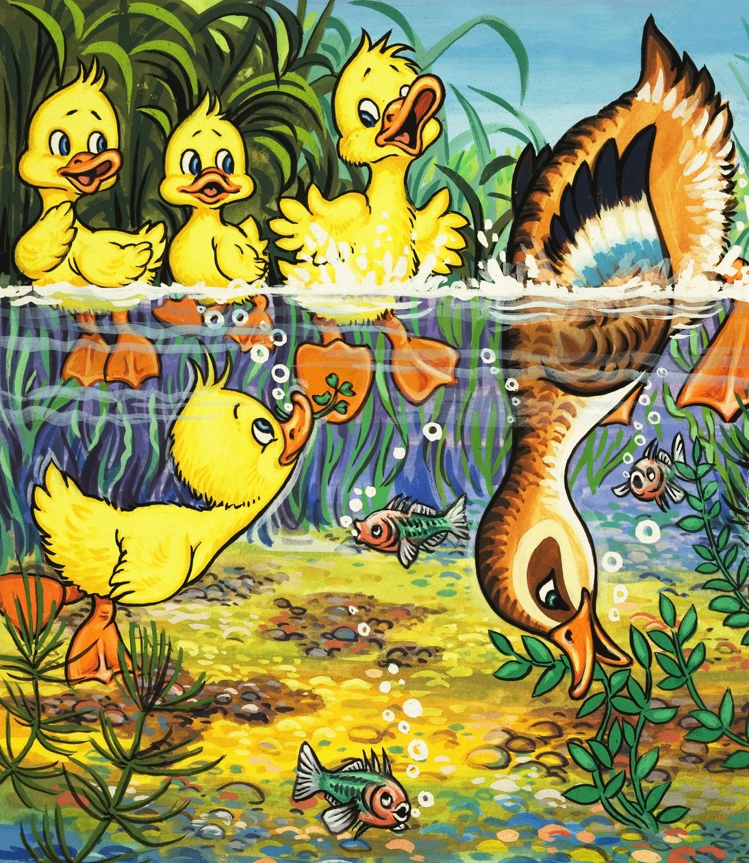 Pato e patinhos (guache sobre papel) de English School
