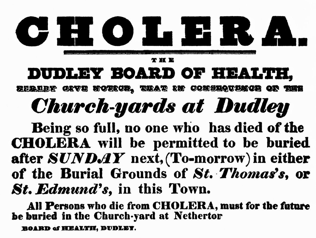 Cartaz do Conselho de Saúde de Dudley anunciando o procedimento de sepultamento para pessoas que morreram de cólera, c.1840 de English School