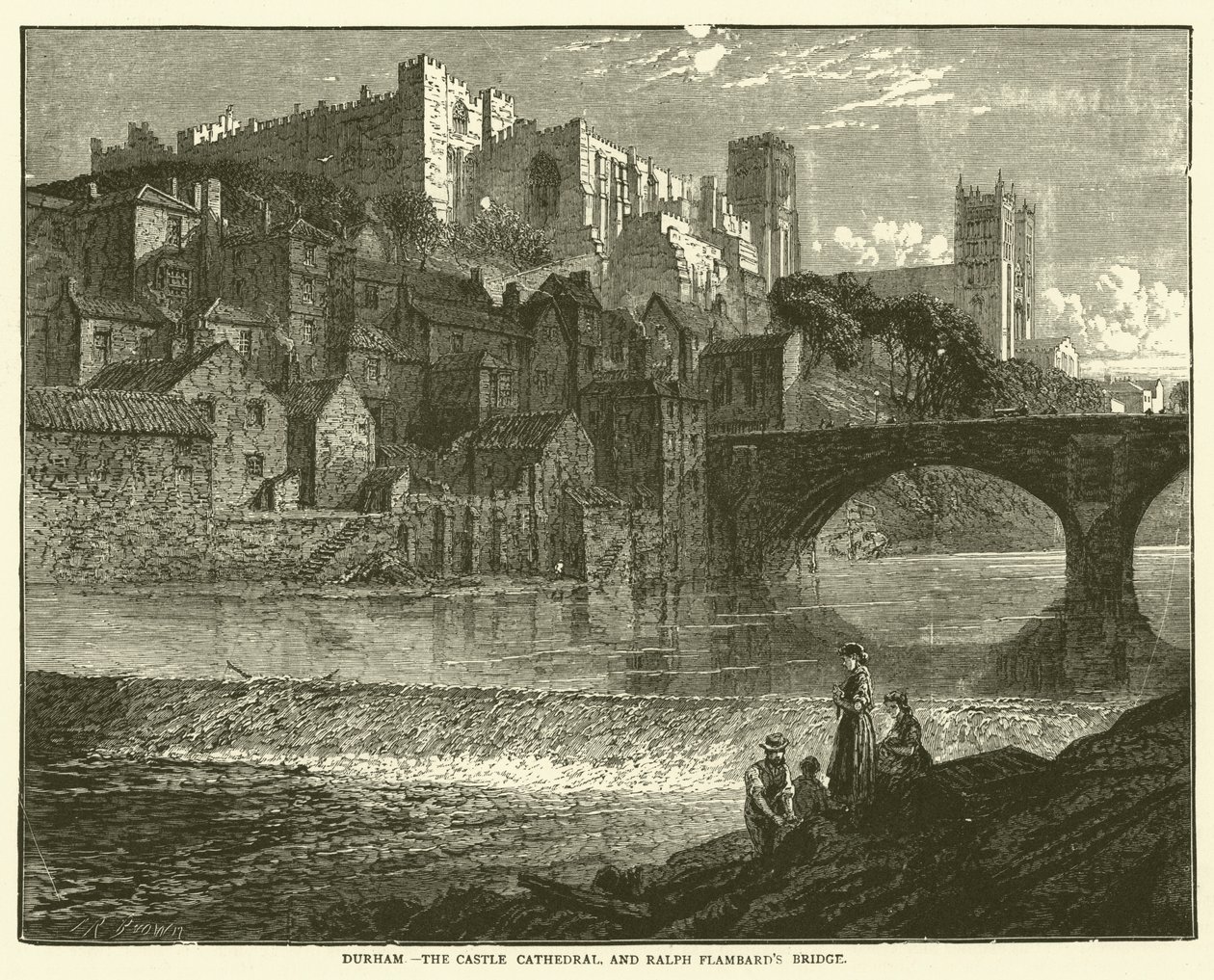 Durham, o castelo, a catedral e a ponte de Ralph Flambard (gravura) de English School