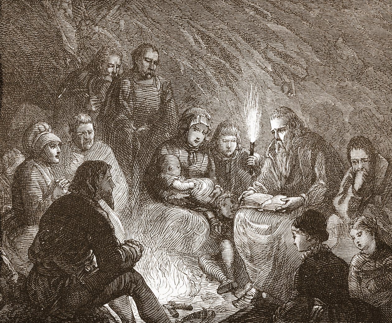 Protestantes holandeses em esconder, ilustração da história do protestantismo por James Aitken Wylie (1808-1890), bar. 1878 de English School