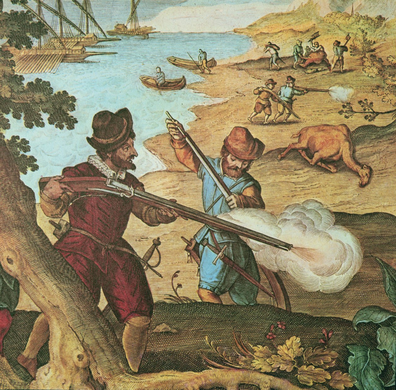 Marinheiros holandeses armados com mosquetes de fósforos, disparando camelos para reabastecer as suas embarcações (gravura colorida à mão) de English School