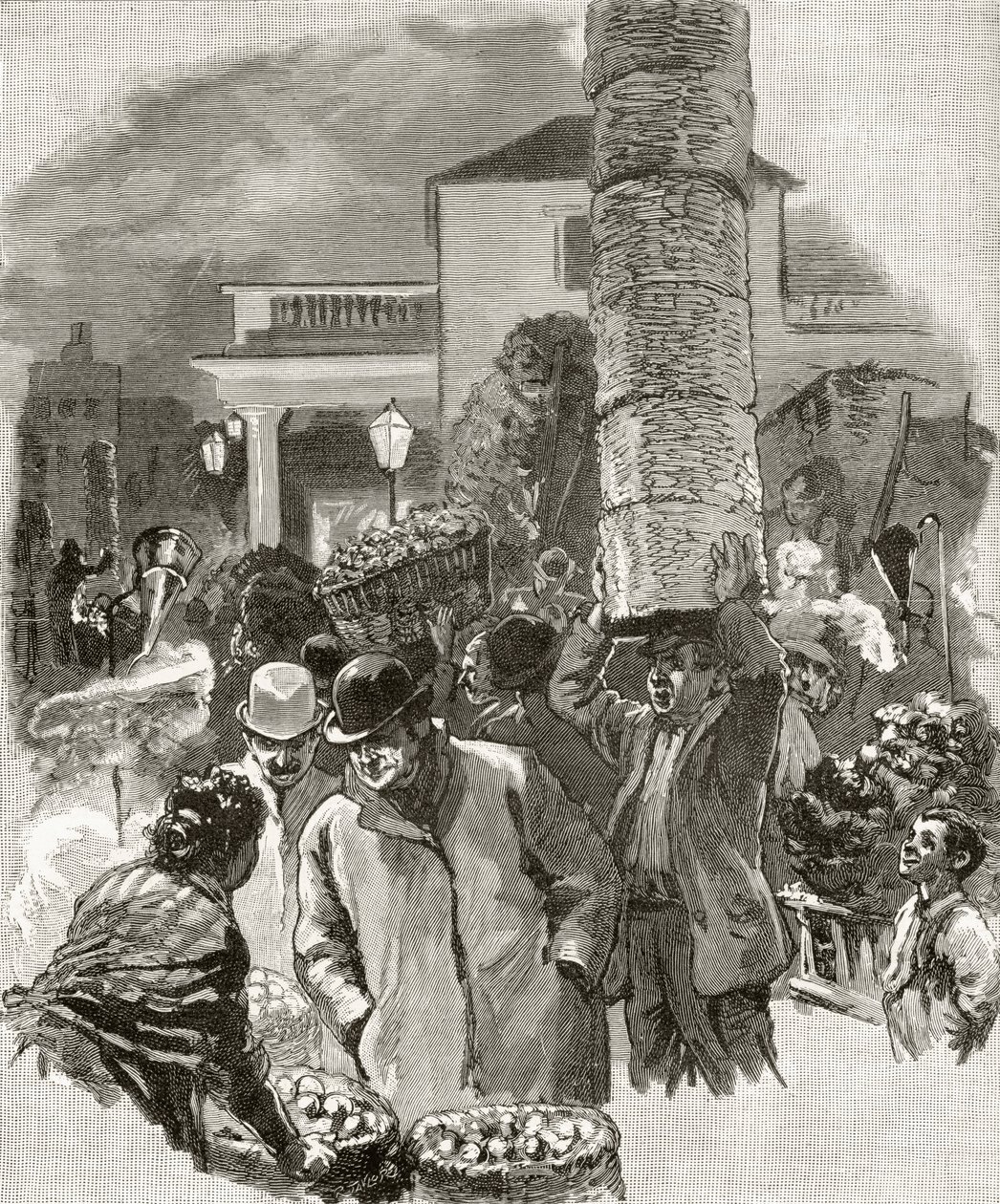 Manhã cedo em Covent Garden, de &39;London Pictures: desenhado com caneta e lápis&39;, pelo Rev. Richard Lovett, publicado em 1890 (lito) de English School