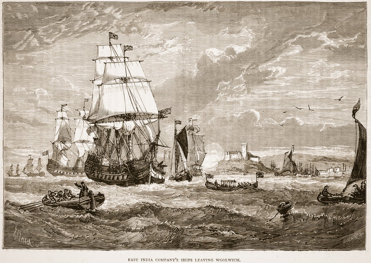 Os navios de East India Companys que saem de Woolwich, ilustração da história ilustrada de Cassells da Índia por James Grant, bar. 1879 de English School