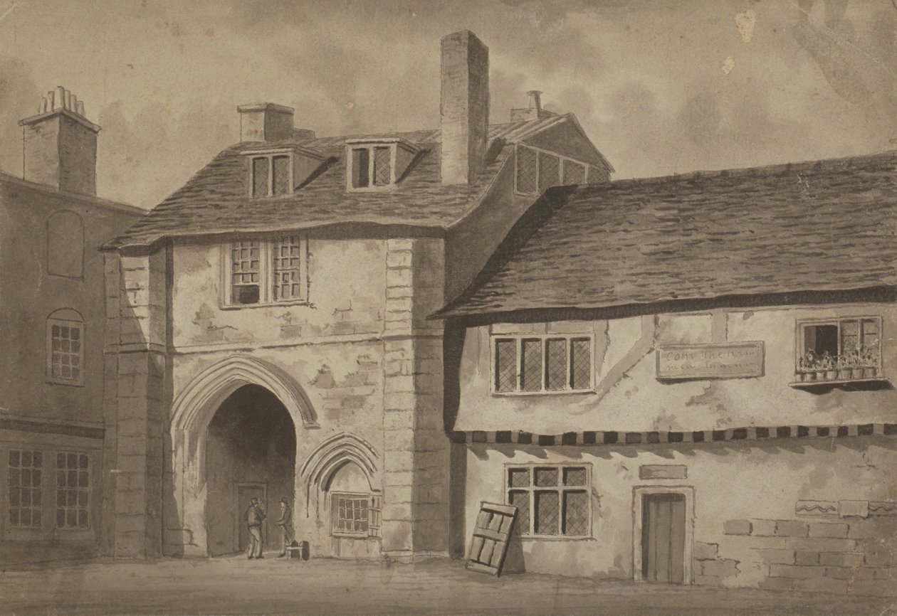 Vista leste da porta de entrada para a Abadia de São Salvador, Bermondsey, c.1825 (caneta, lápis e lavar no papel) de English School