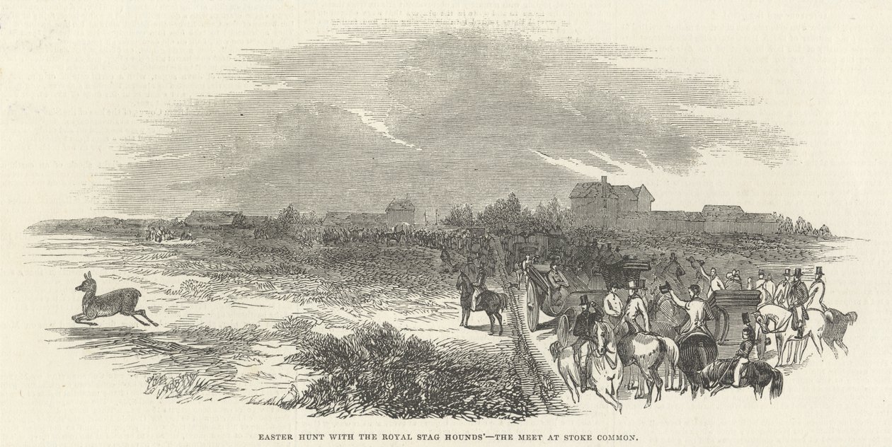 Caçada de Páscoa com os Royal Stag Hounds: o Meet at Stoke Common, de &39;The Illustrated London News&39;, 29 de março de 1845 de English School